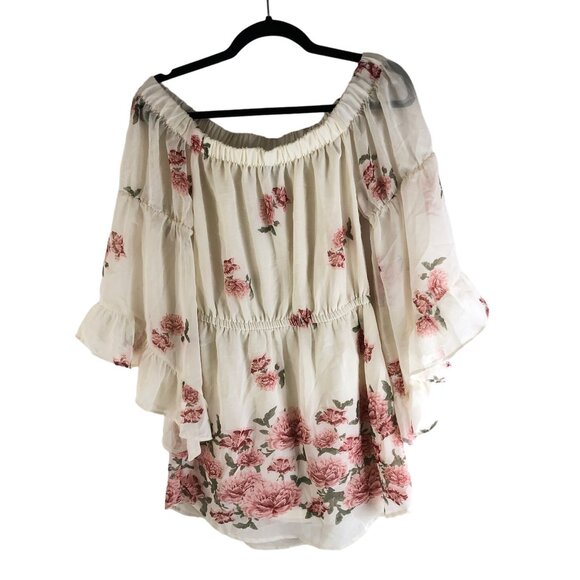 Hint of Blush Boho Floral Off-Shoulder Mini Dress White Pink Size S - Picture 1 of 4